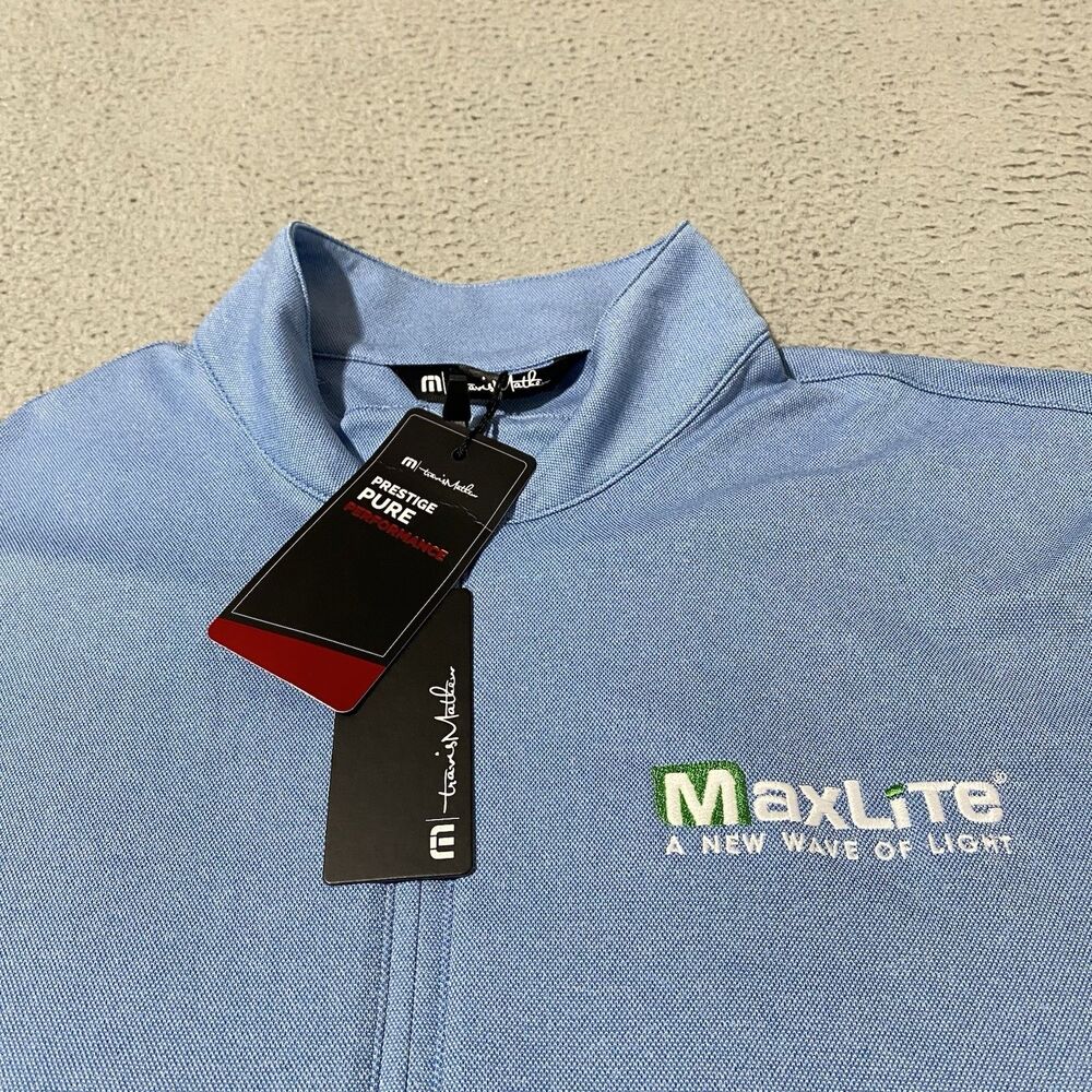 MaxLite Lighting Shirt Travis Mathew Mens Large Blue 1/4 Zip Employee Office NEW - Picture 2 of 11